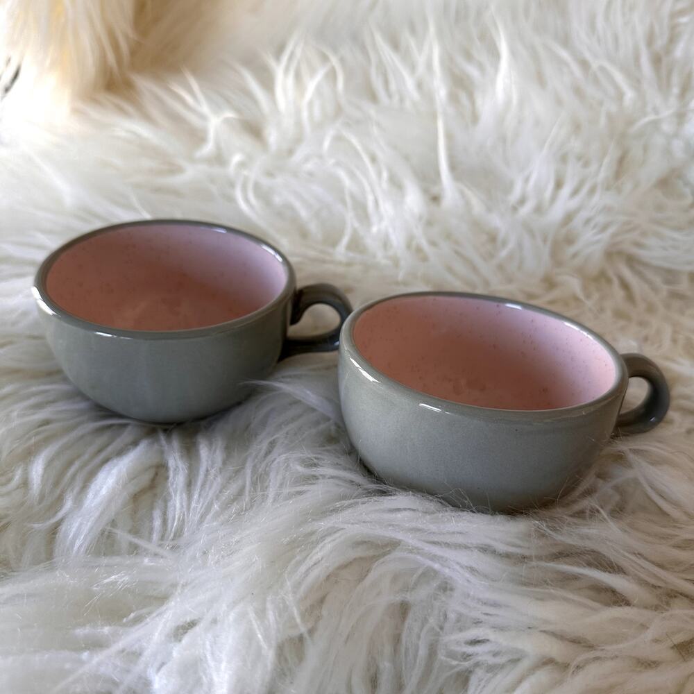 Pink Gray Vintage Harkerware Stone China USA Coffee Tea Cups Mugs Set of 2